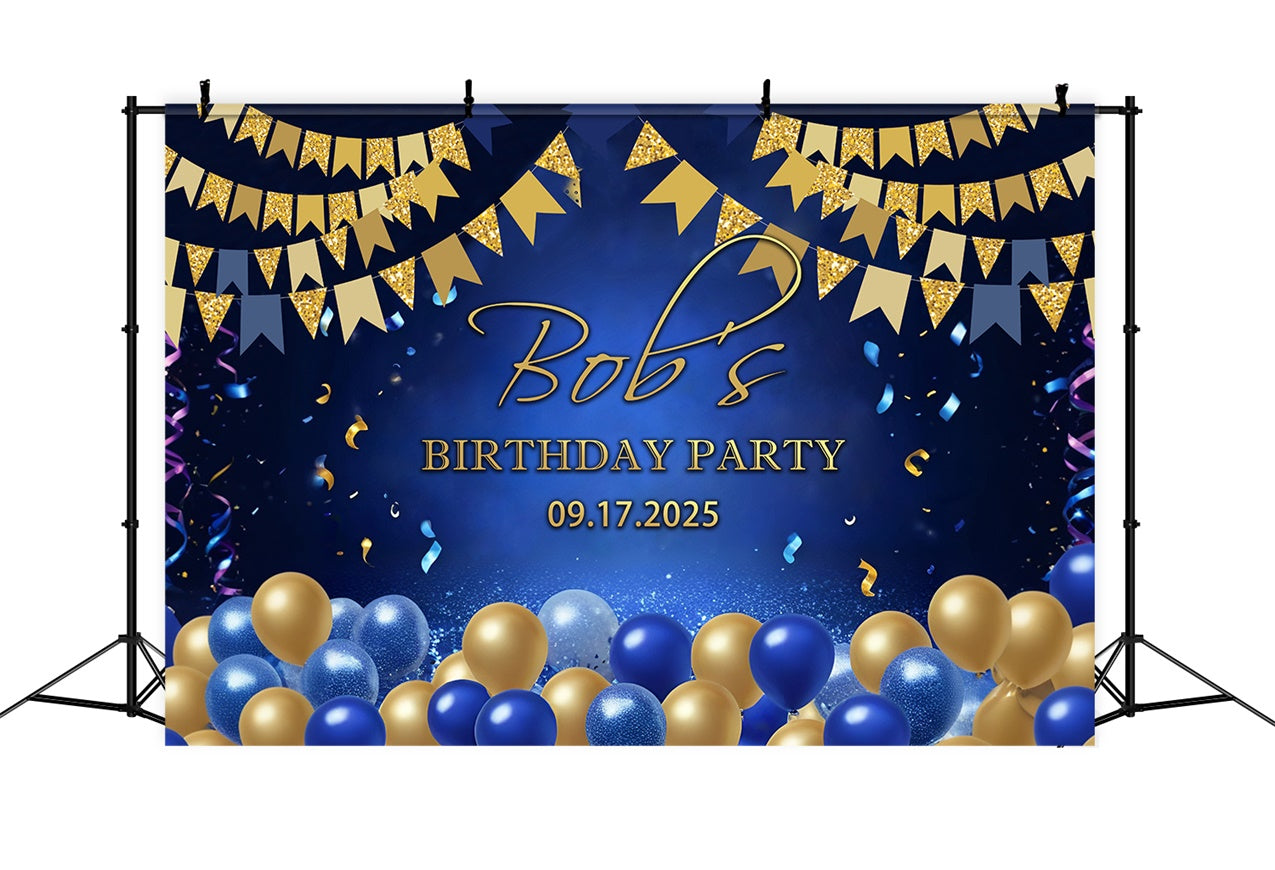 Custom Birthday Backdrops Classic Blue Gold Celebration Backdrop RR12-84