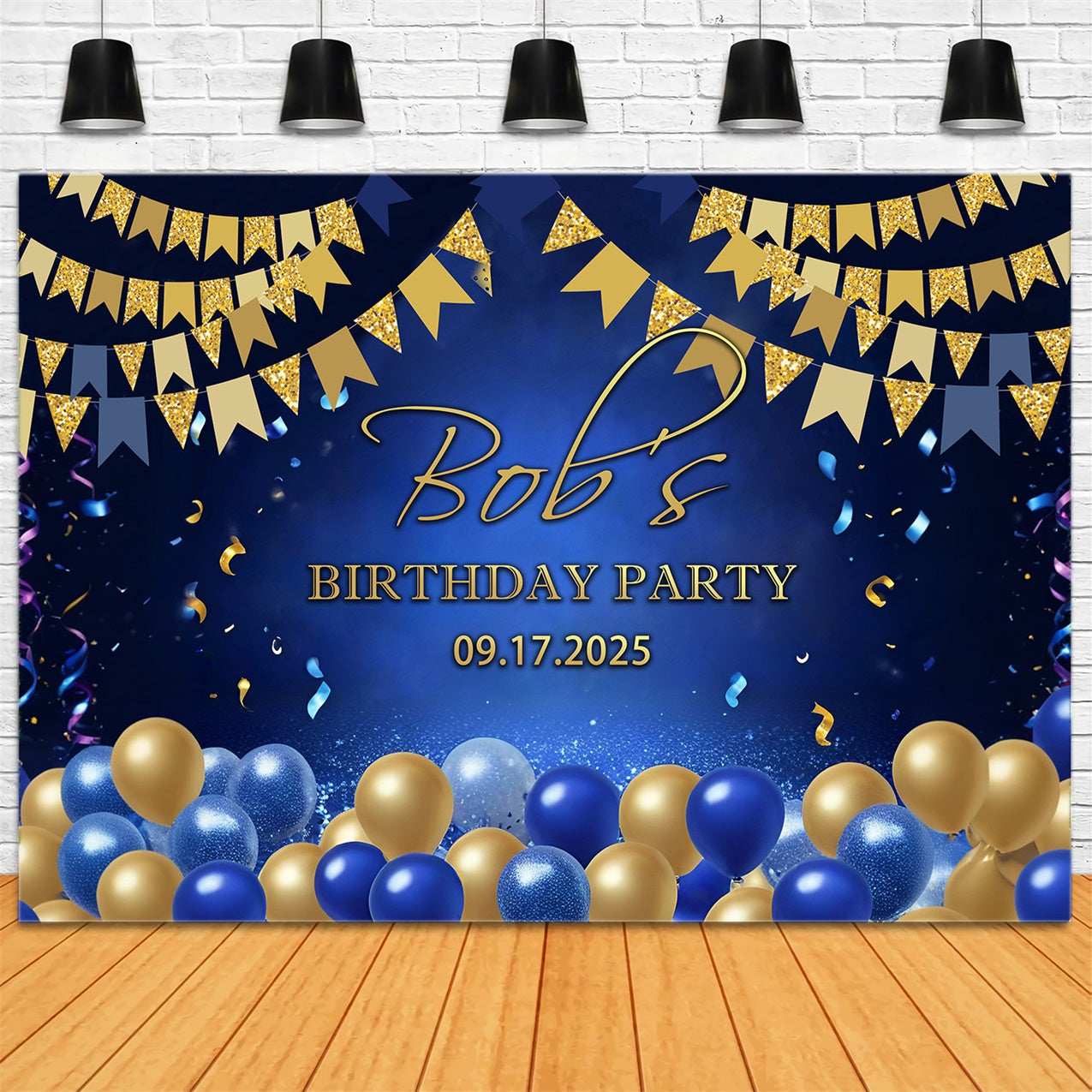 Custom Birthday Backdrops Classic Blue Gold Celebration Backdrop RR12-84