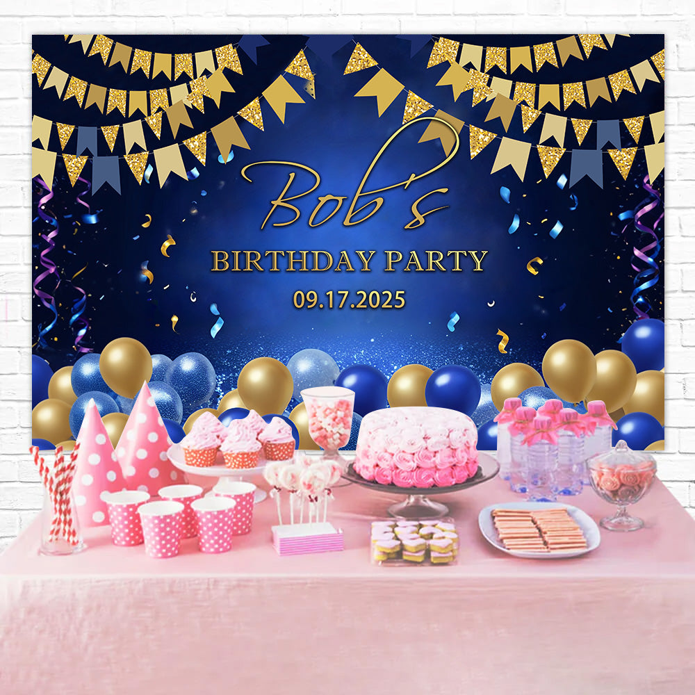 Custom Birthday Backdrops Classic Blue Gold Celebration Backdrop RR12-84