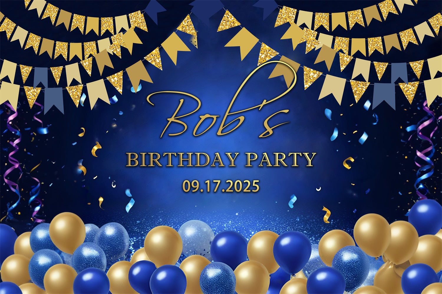 Custom Birthday Backdrops Classic Blue Gold Celebration Backdrop RR12-84