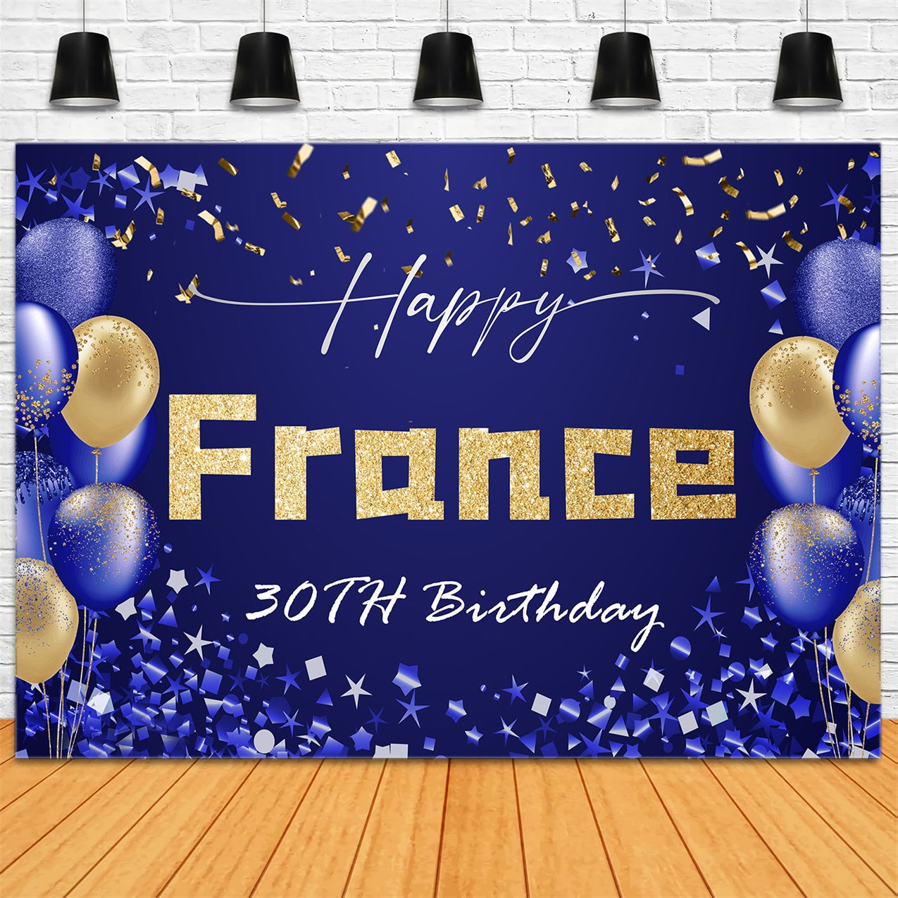 Customized Birthday Backdrops Luxurious Blue Gold 30th Backdrop RR12-87