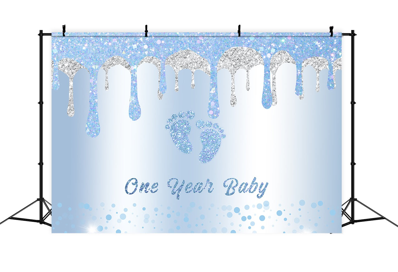 1st Birthday Backdrop Glittering Blue Baby Feet Backdrop RR12-88