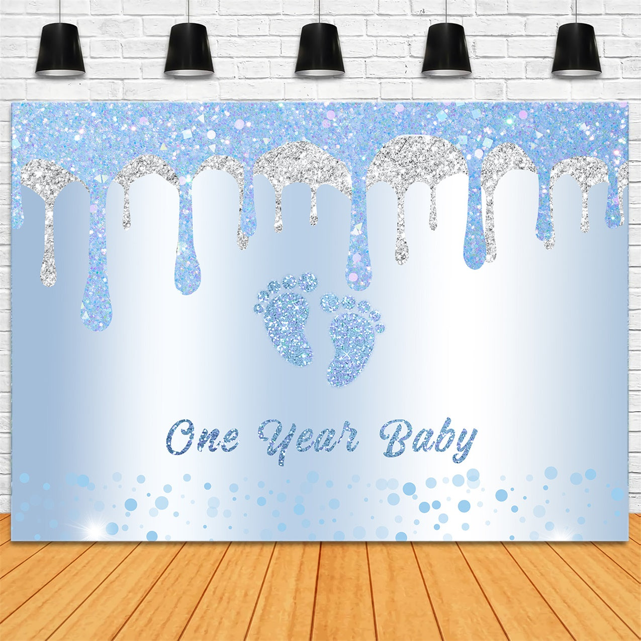 1st Birthday Backdrop Glittering Blue Baby Feet Backdrop RR12-88