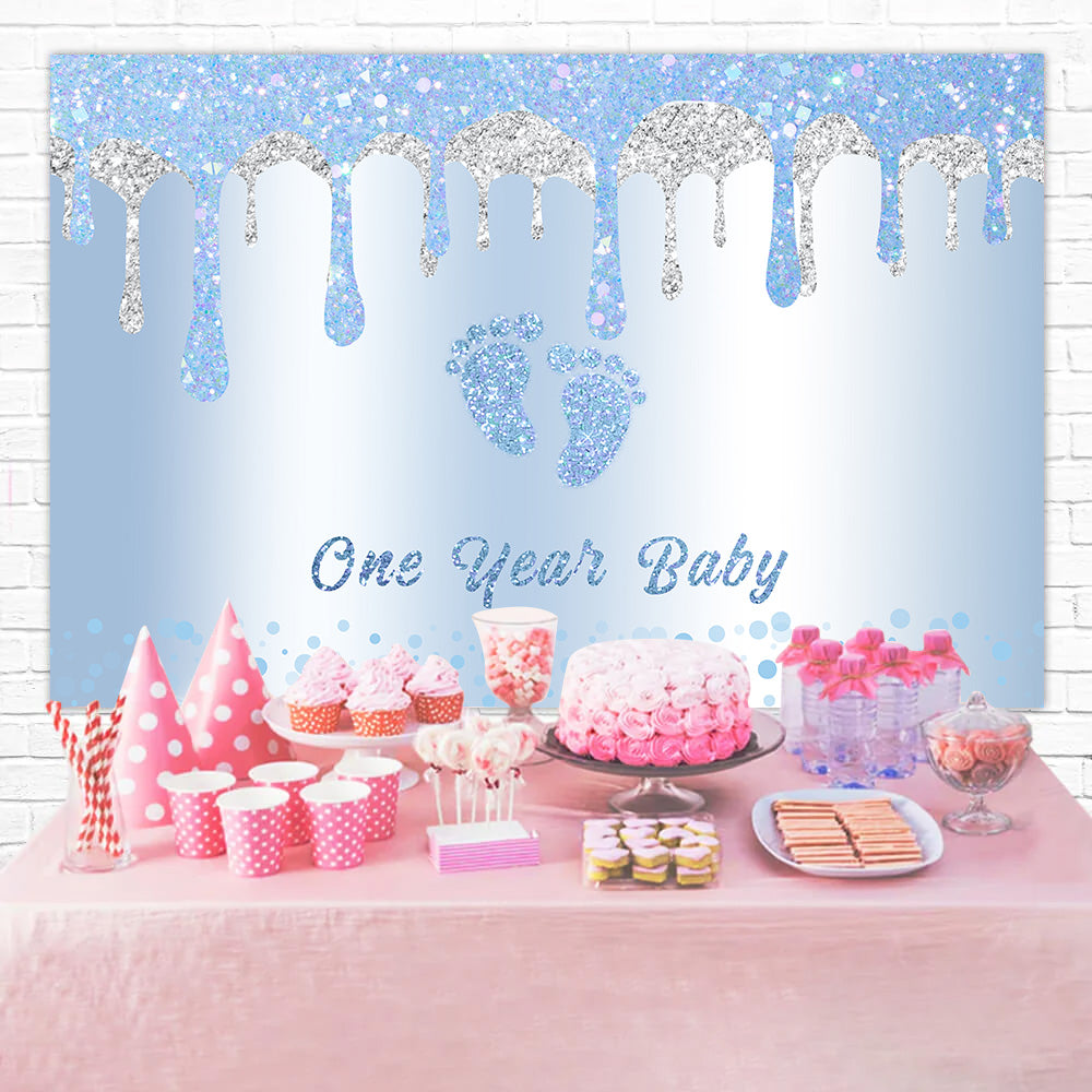 1st Birthday Backdrop Glittering Blue Baby Feet Backdrop RR12-88