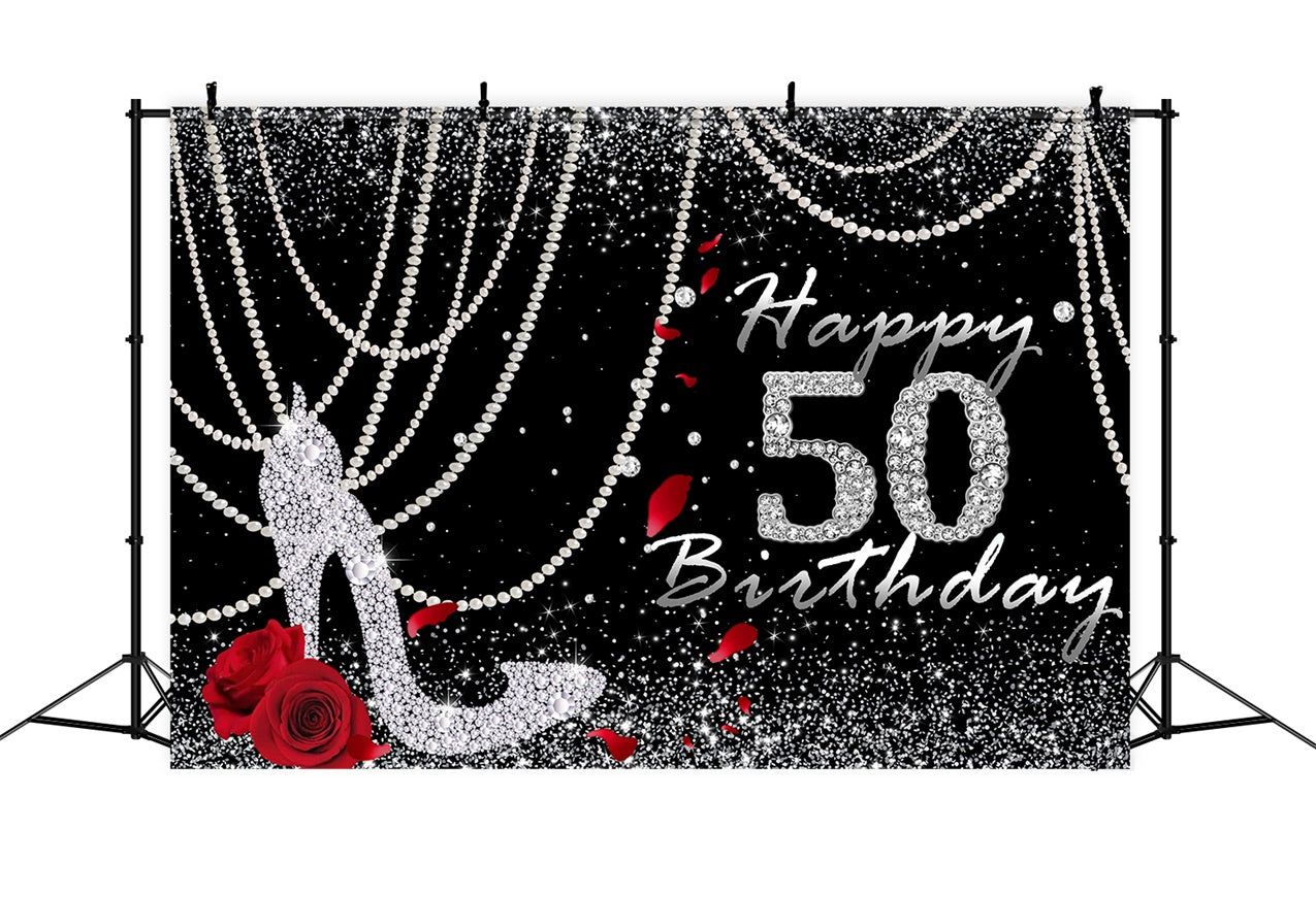 50th Birthday Backdrop Sparkling Diamond Rose Black Backdrop RR12-91