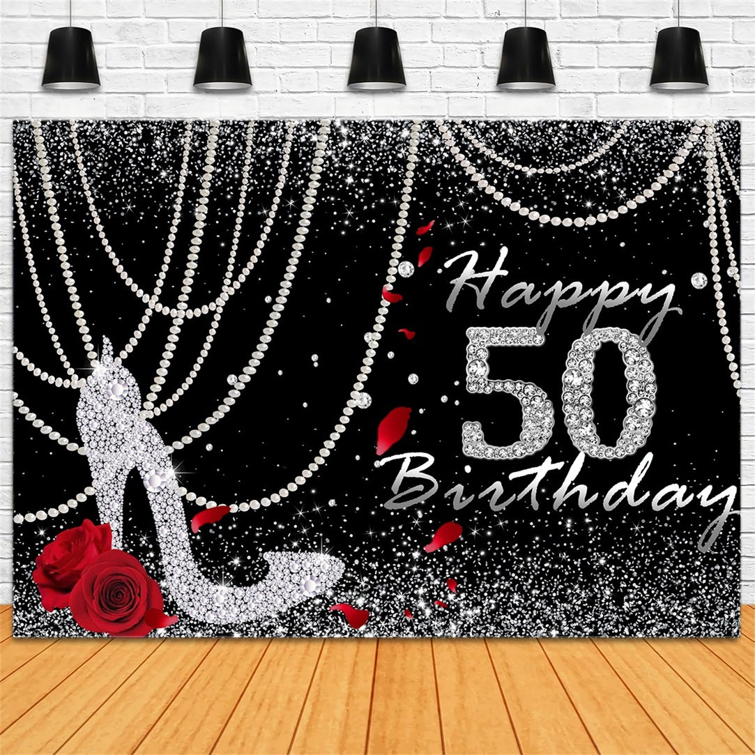 50th Birthday Backdrop Sparkling Diamond Rose Black Backdrop RR12-91