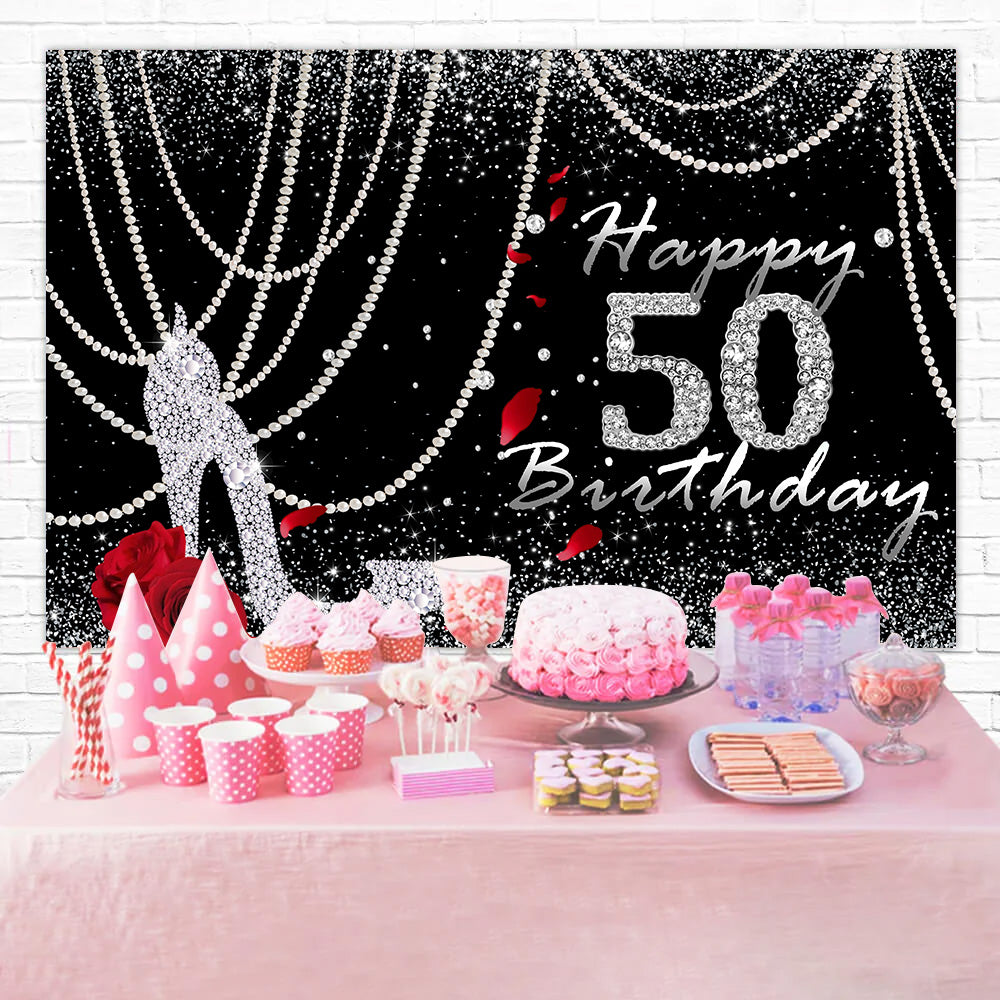 50th Birthday Backdrop Sparkling Diamond Rose Black Backdrop RR12-91