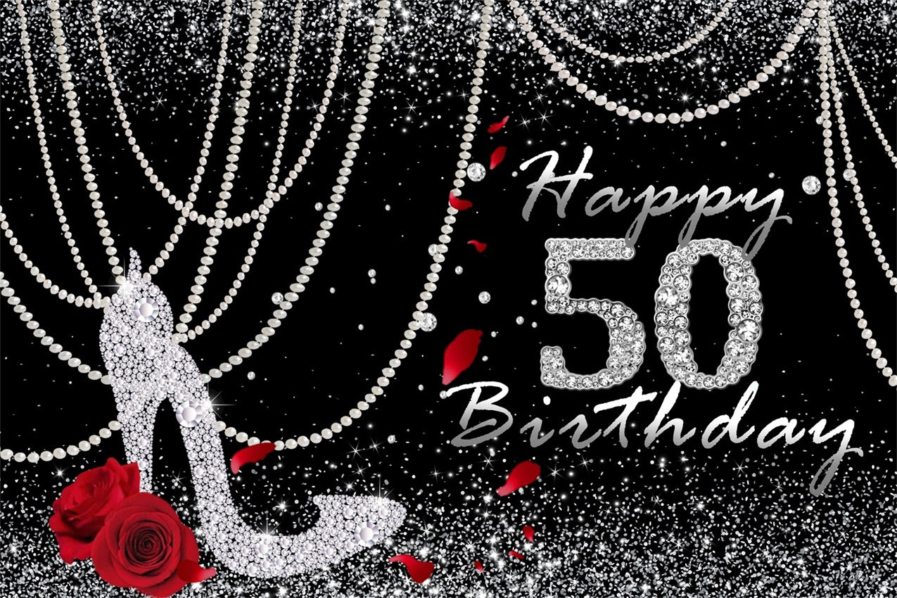 50th Birthday Backdrop Sparkling Diamond Rose Black Backdrop RR12-91