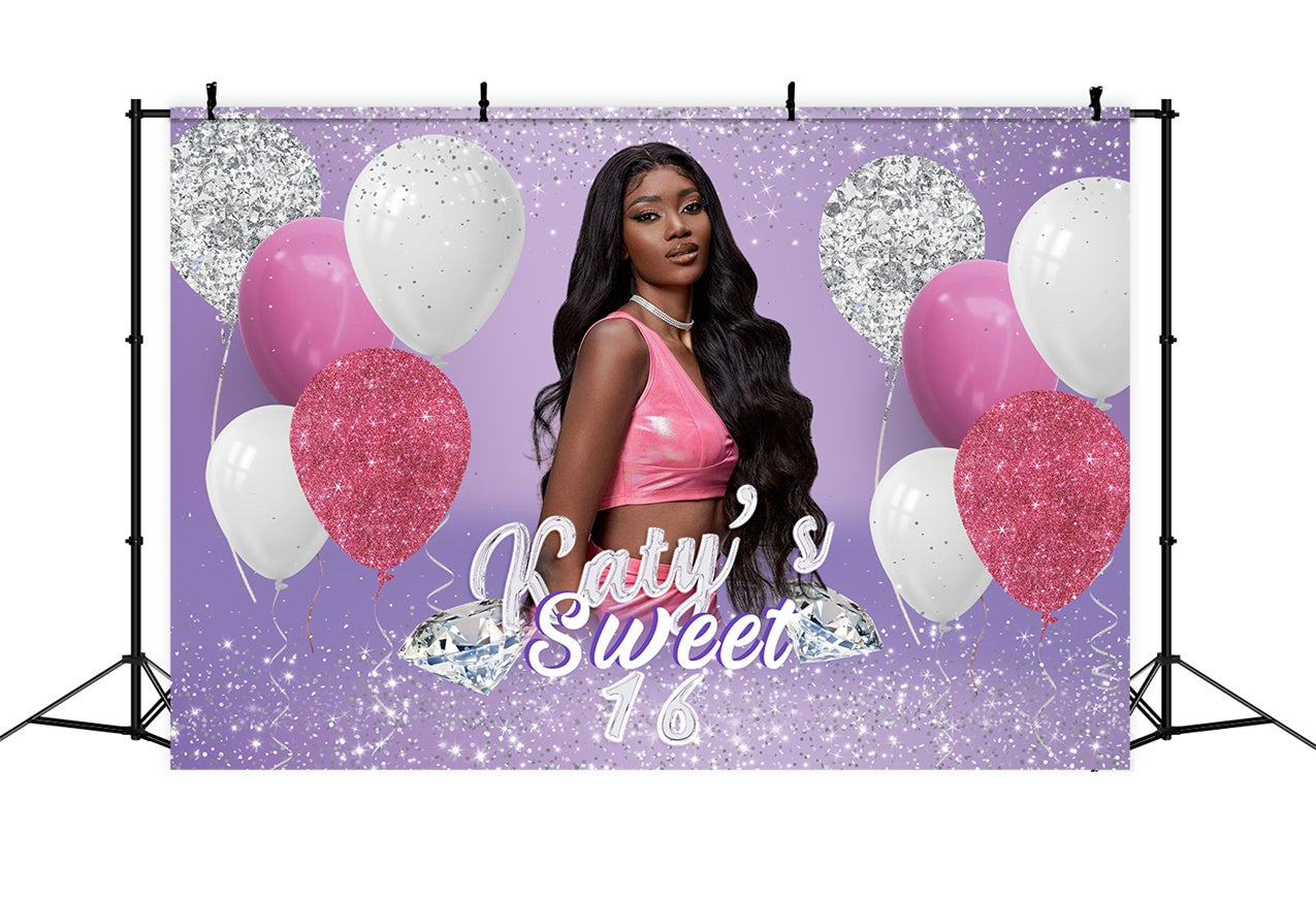 Custom Birthday Backdrop Sweet 16 Purple Sparkle Balloon Backdrop RR12-92