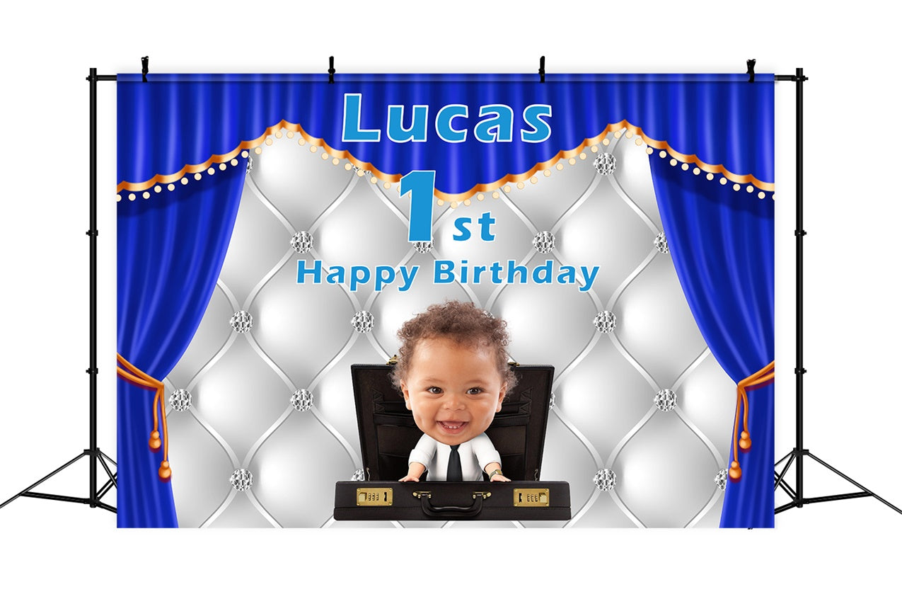 Personalized Birthday Backdrop Baby Boss Blue Curtain Backdrop RR12-93