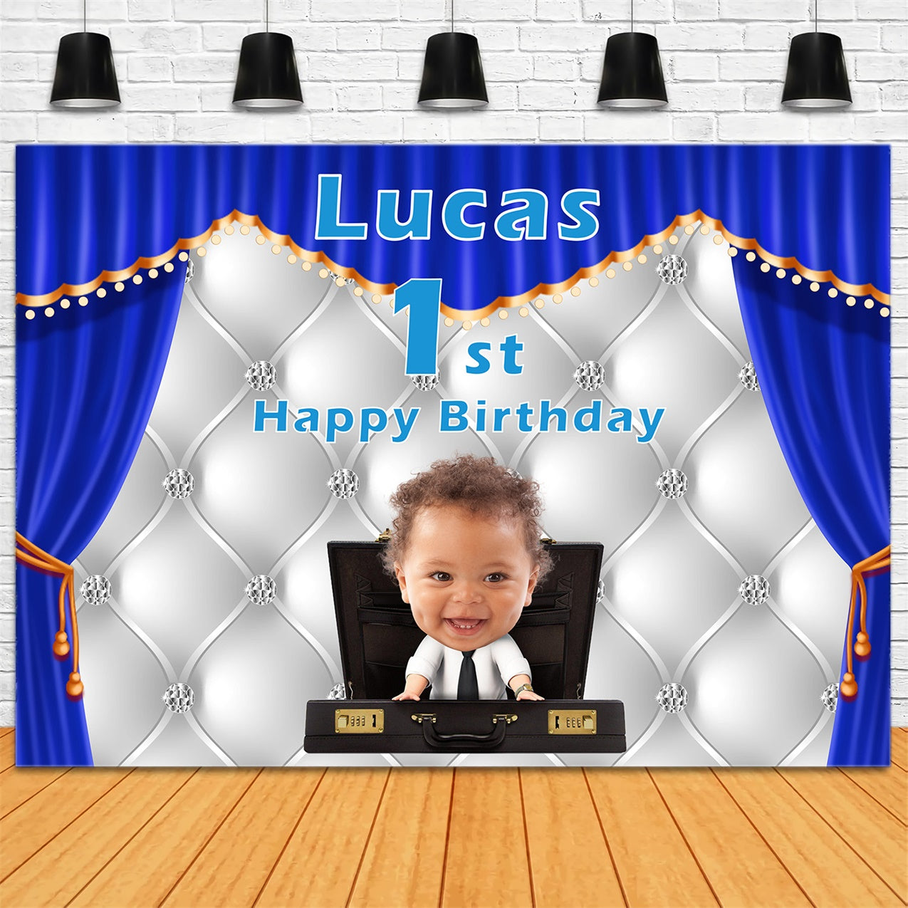 Personalized Birthday Backdrop Baby Boss Blue Curtain Backdrop RR12-93