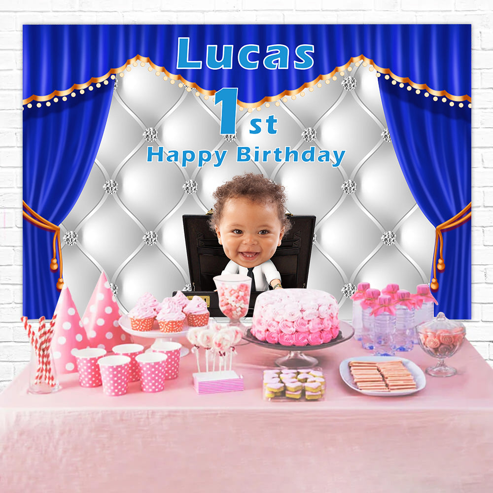 Personalized Birthday Backdrop Baby Boss Blue Curtain Backdrop RR12-93