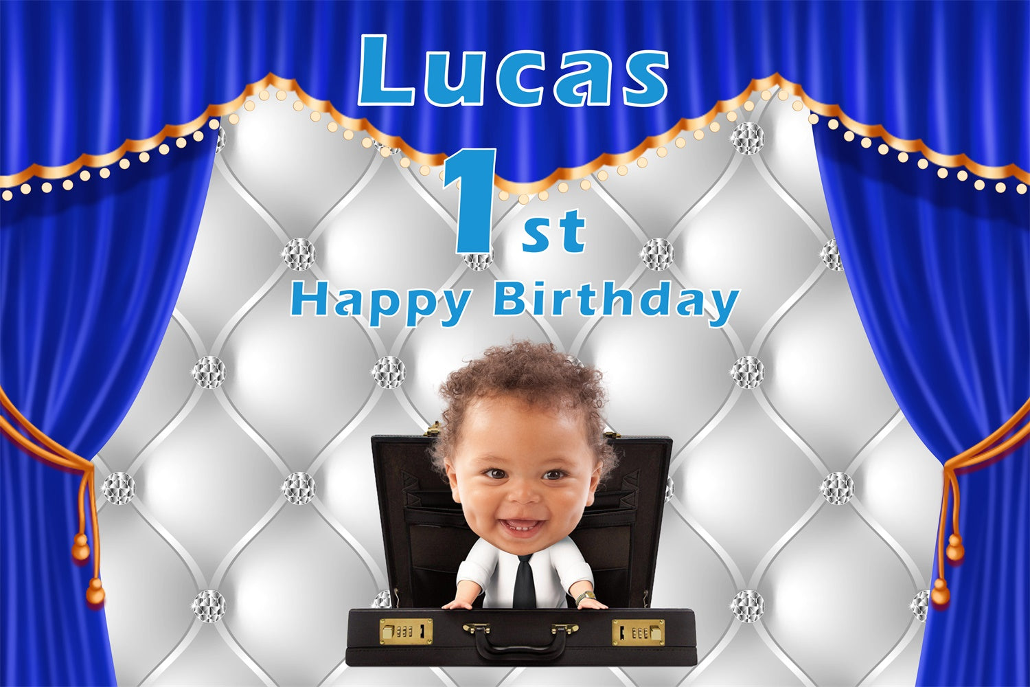 Personalized Birthday Backdrop Baby Boss Blue Curtain Backdrop RR12-93