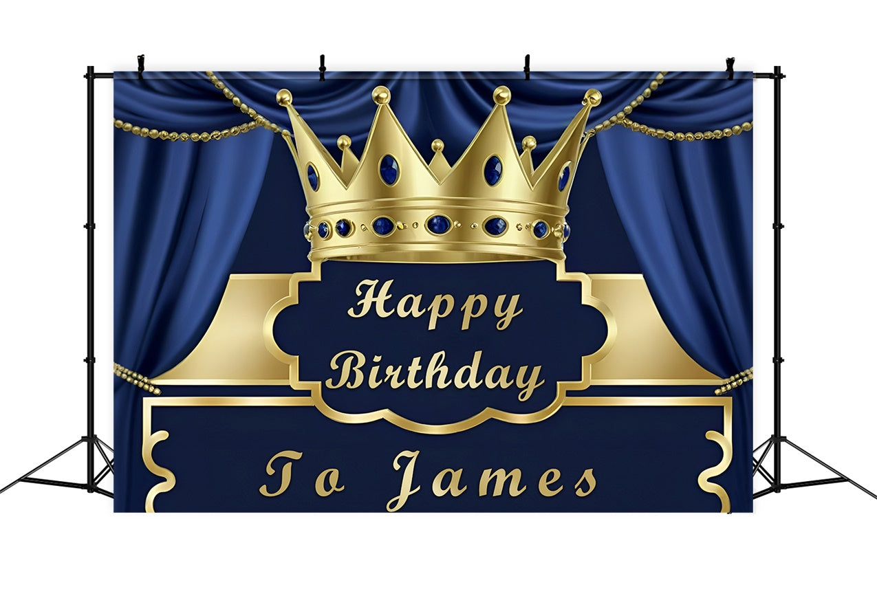 Customized Birthday Backdrop Blue Curtain Gold Crown Backdrop RR12-98