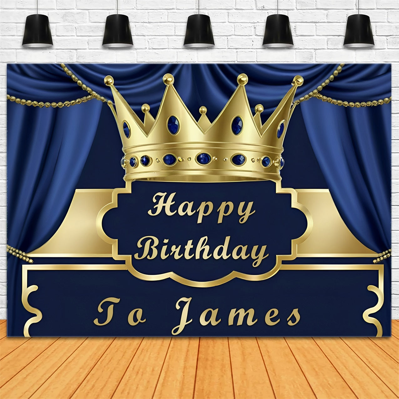 Customized Birthday Backdrop Blue Curtain Gold Crown Backdrop RR12-98