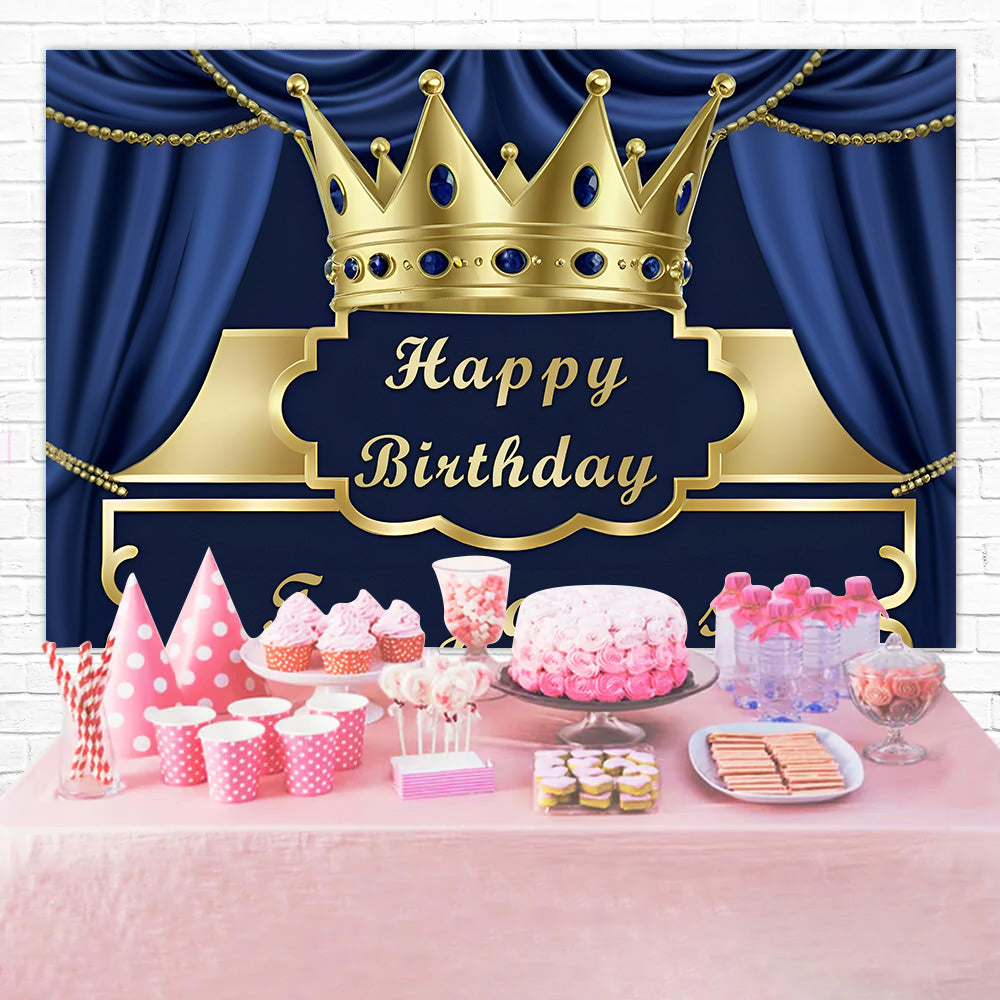 Customized Birthday Backdrop Blue Curtain Gold Crown Backdrop RR12-98