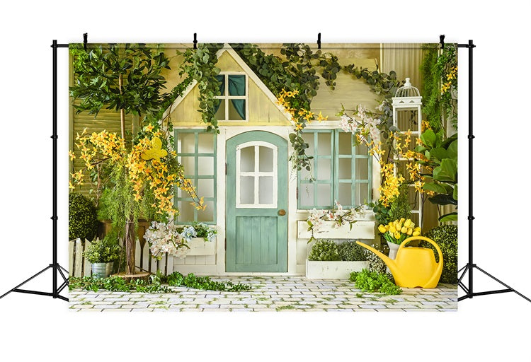 Spring Fresh Wooden Door Stone Floor Flower Backdrop RR3-06