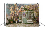 Spring Flower Fence Log Cabin Wreath Stone Ground Backdrop RR3-08