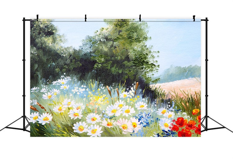 Spring Oil Painting Little Daisy Blue Sky Breeze Backdrop RR3-09