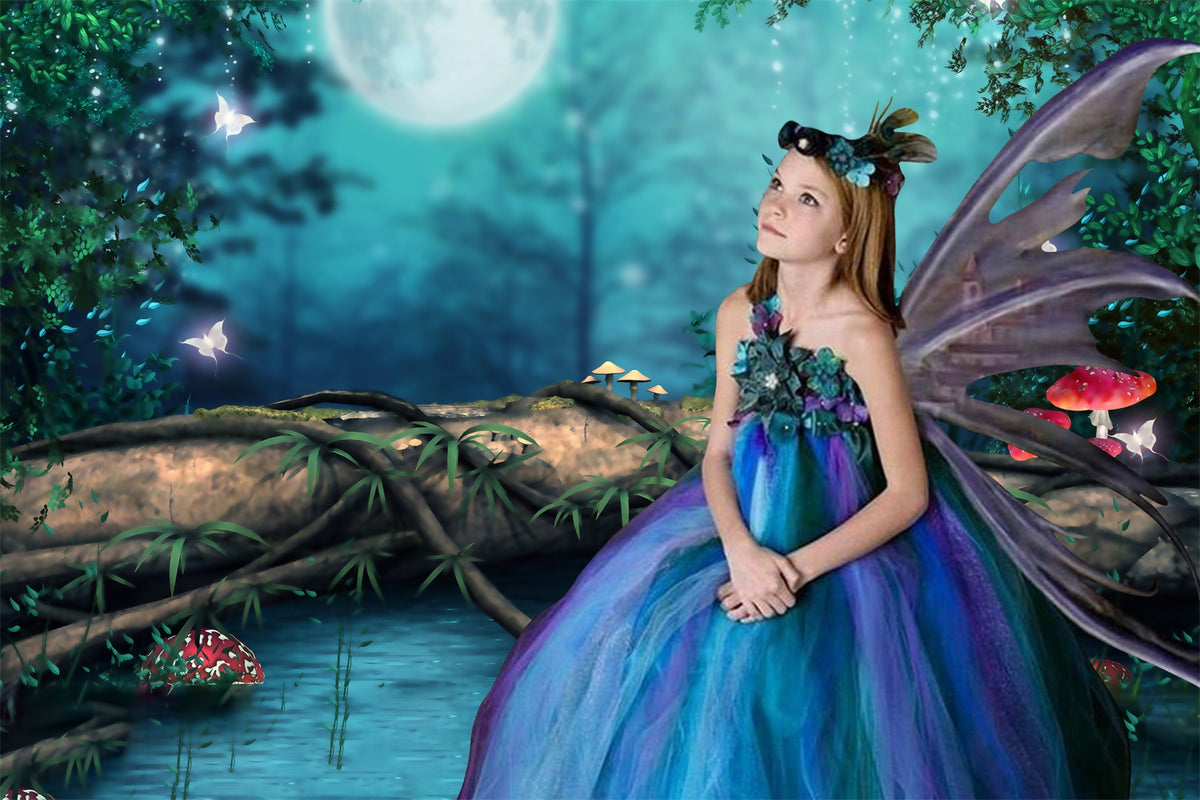 Dreamy Night Forest Full Moon Butterfly Mushroom Backdrop RR3-10