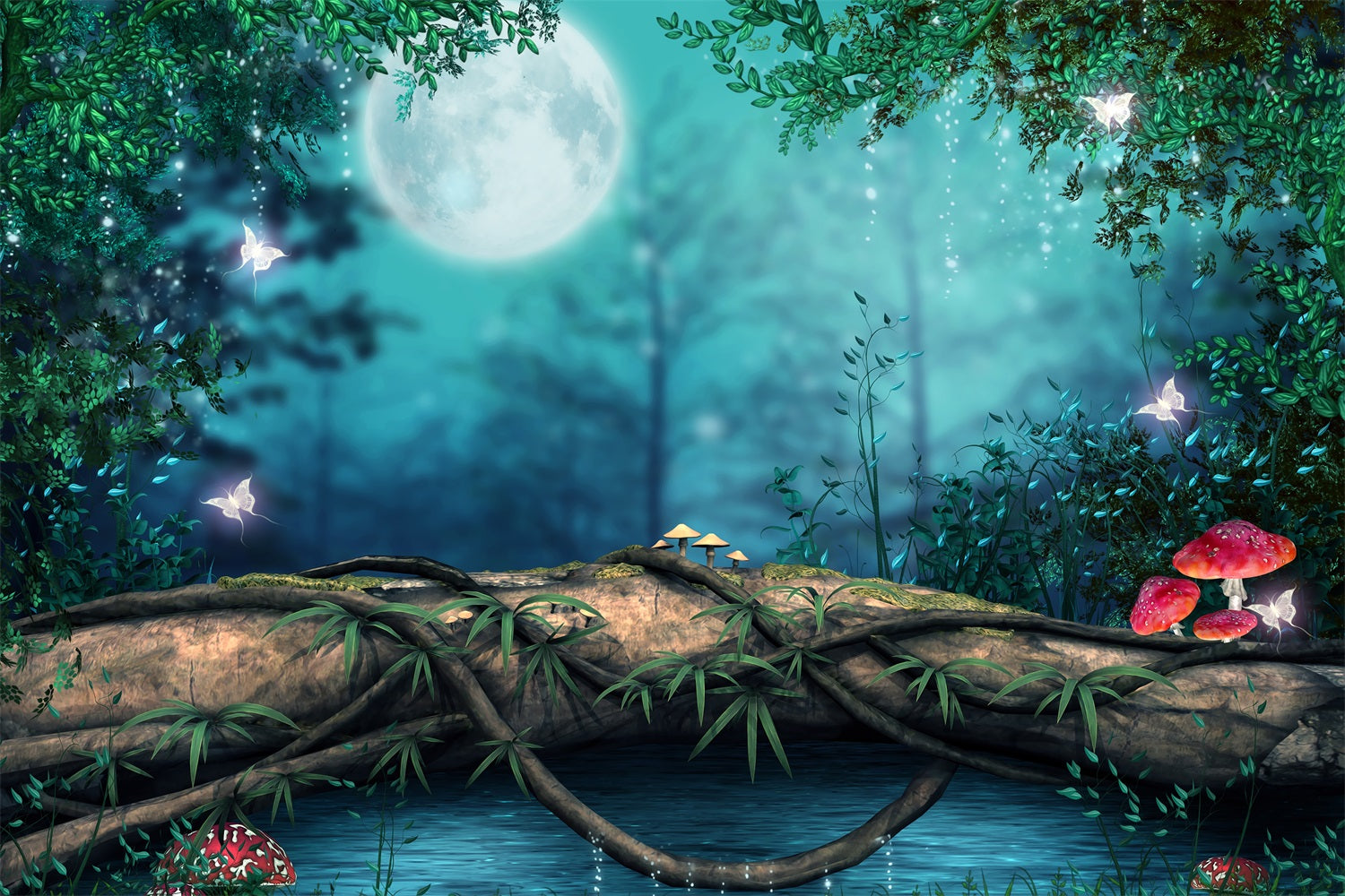 Dreamy Night Forest Full Moon Butterfly Mushroom Backdrop RR3-10