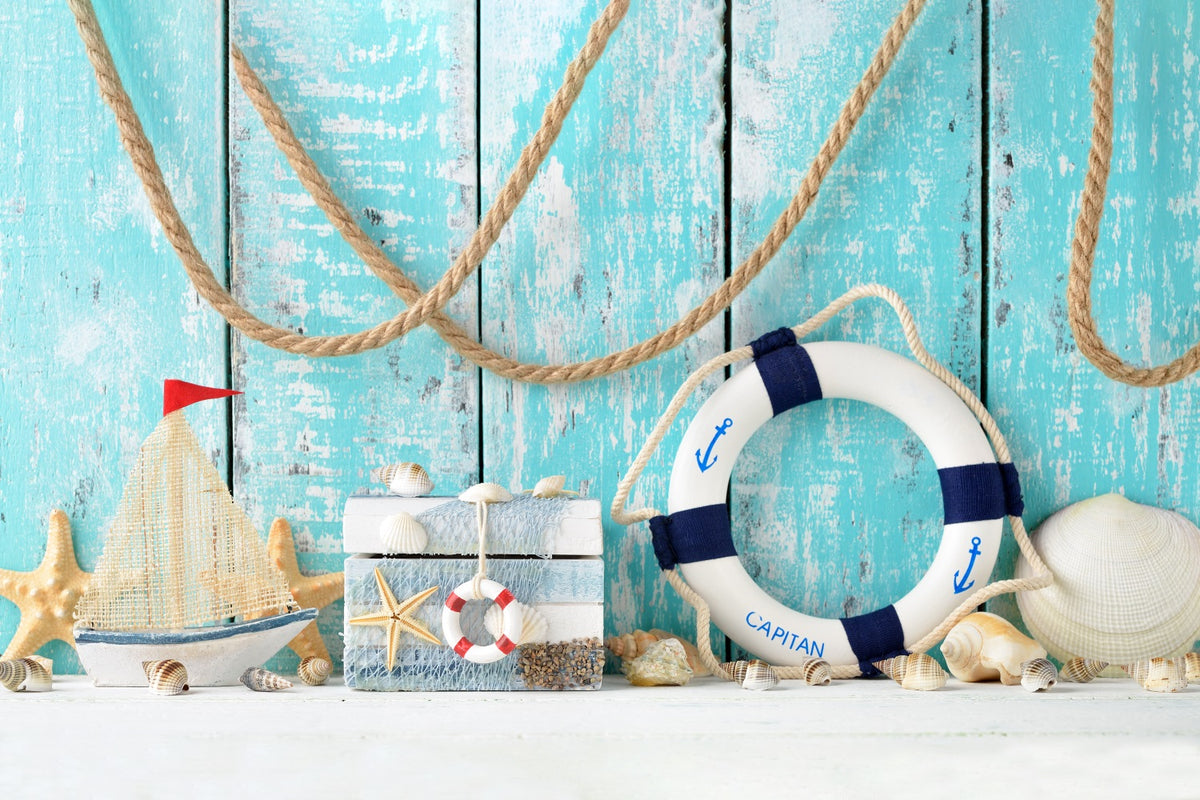 Summer Blue Board Swimming Circle Sailboat Shell Backdrop RR3-14