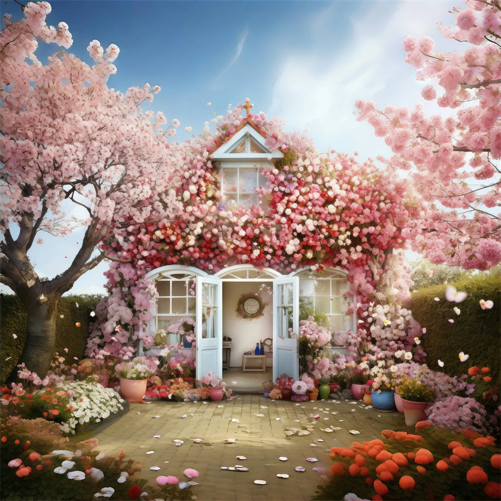 Spring Cherry Blossom Tree Romantic House Backdrop RR3-15