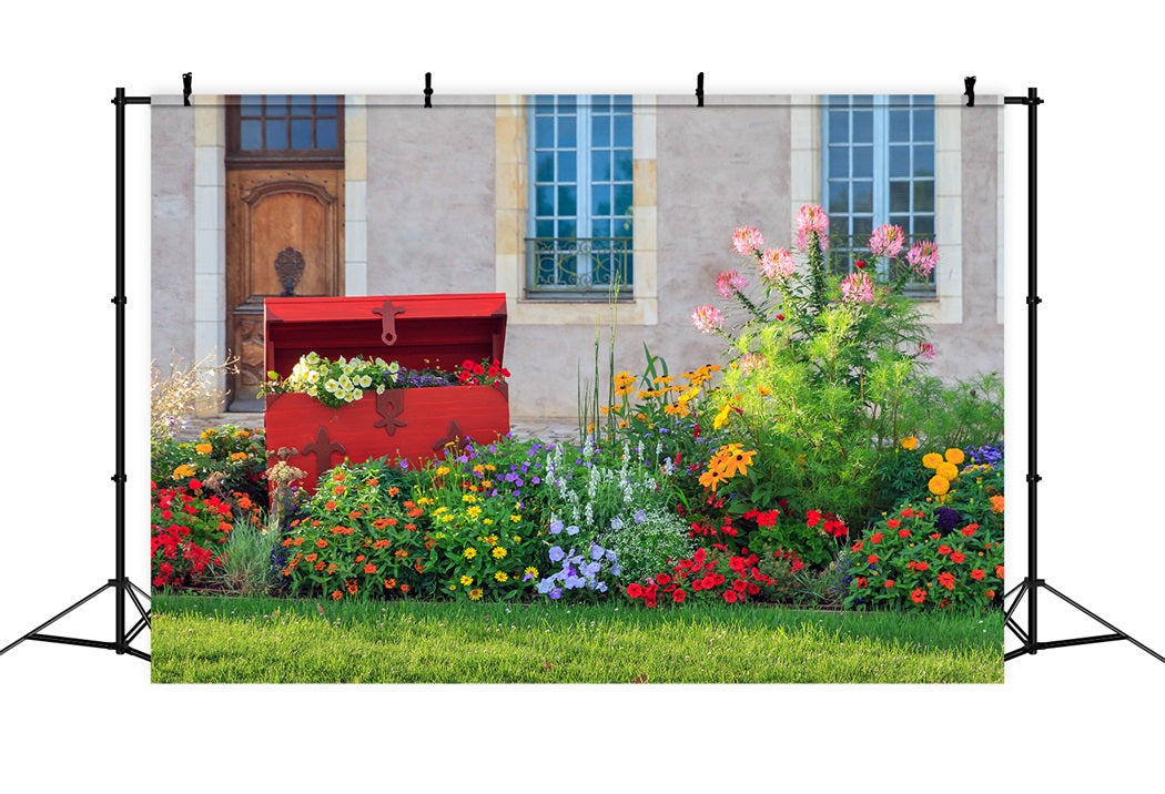 Spring Townhouse Garden Flowers Lawn Redwood Chest Backdrop RR3-17