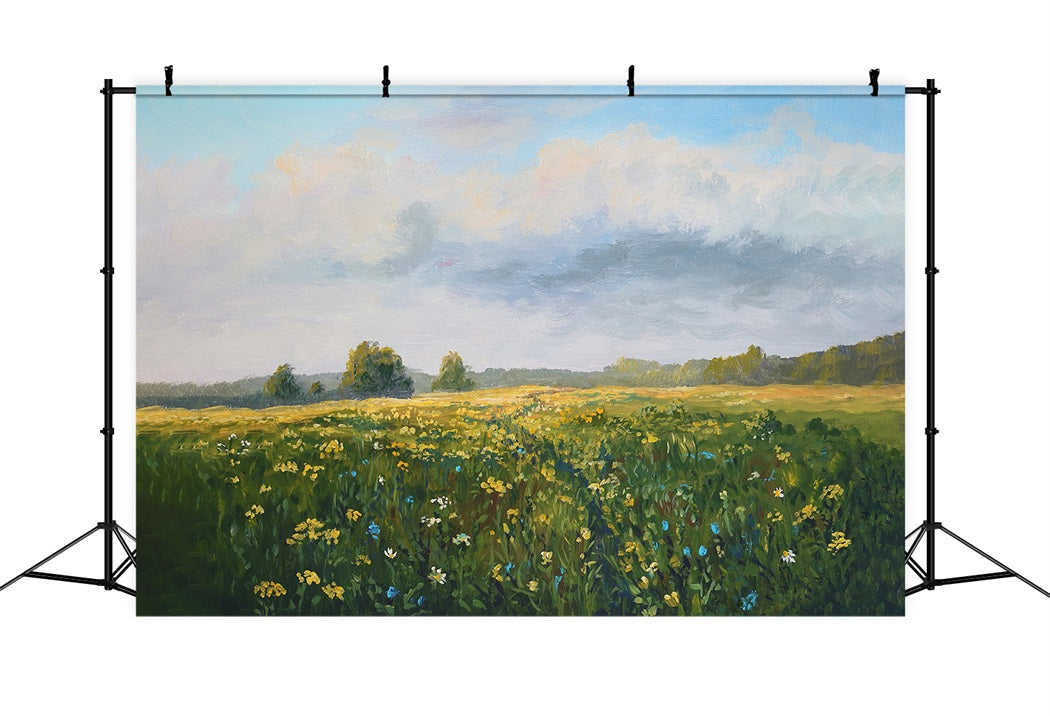 Spring Oil Painting Style Wilderness Flowers Blue Sky White Clouds Backdrop RR3-18