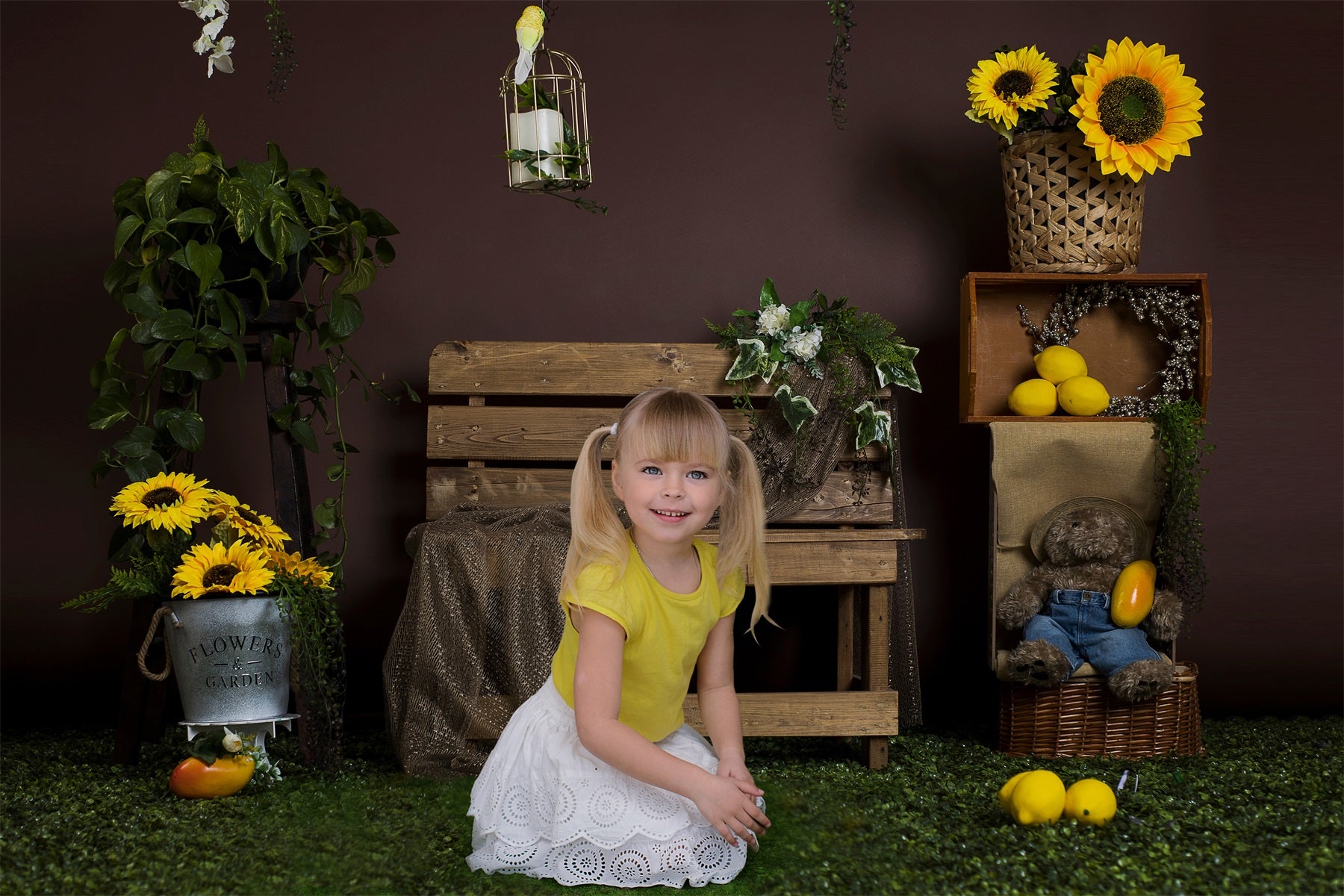 Summer Sunflower Bench Lemon Backdrop RR3-20