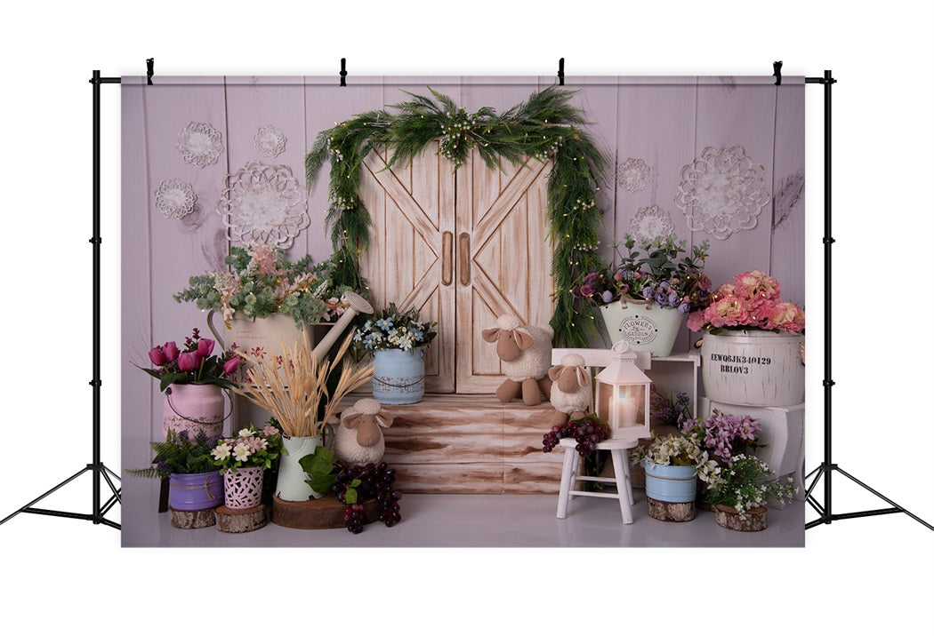 Spring White Plank Wood Door Flower Greenery Backdrop RR3-21