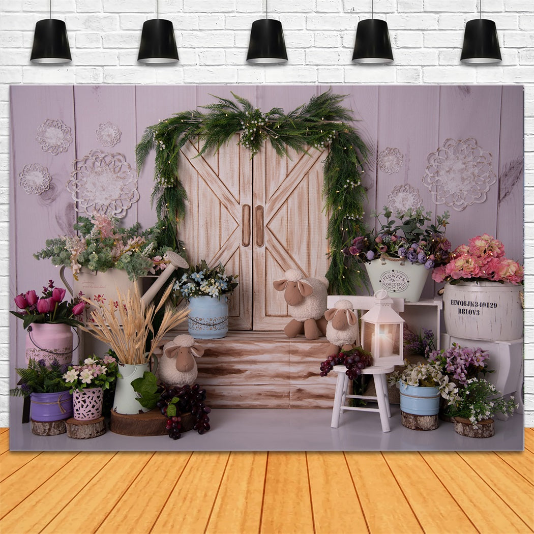 Spring White Plank Wood Door Flower Greenery Backdrop RR3-21