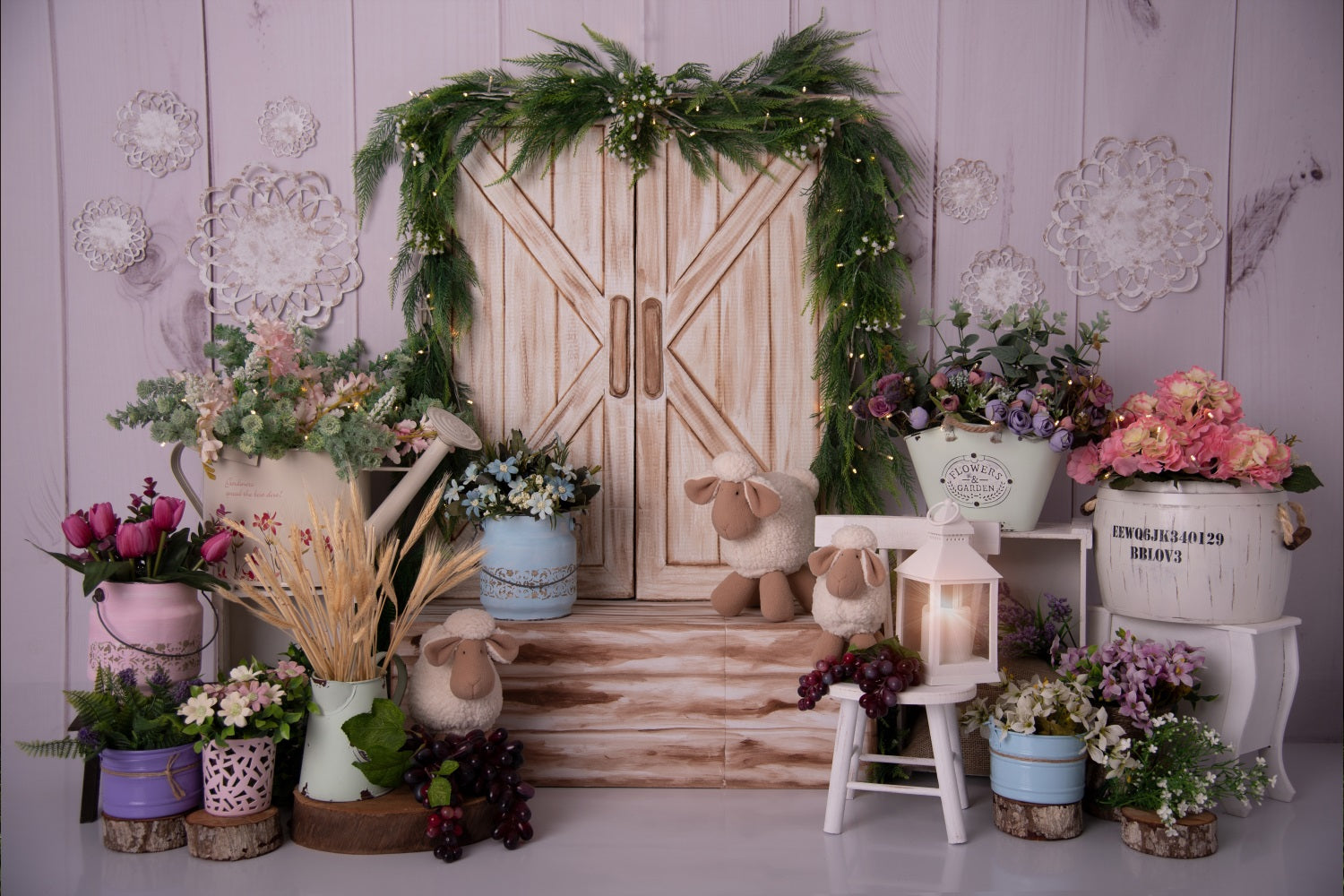 Spring White Plank Wood Door Flower Greenery Backdrop RR3-21