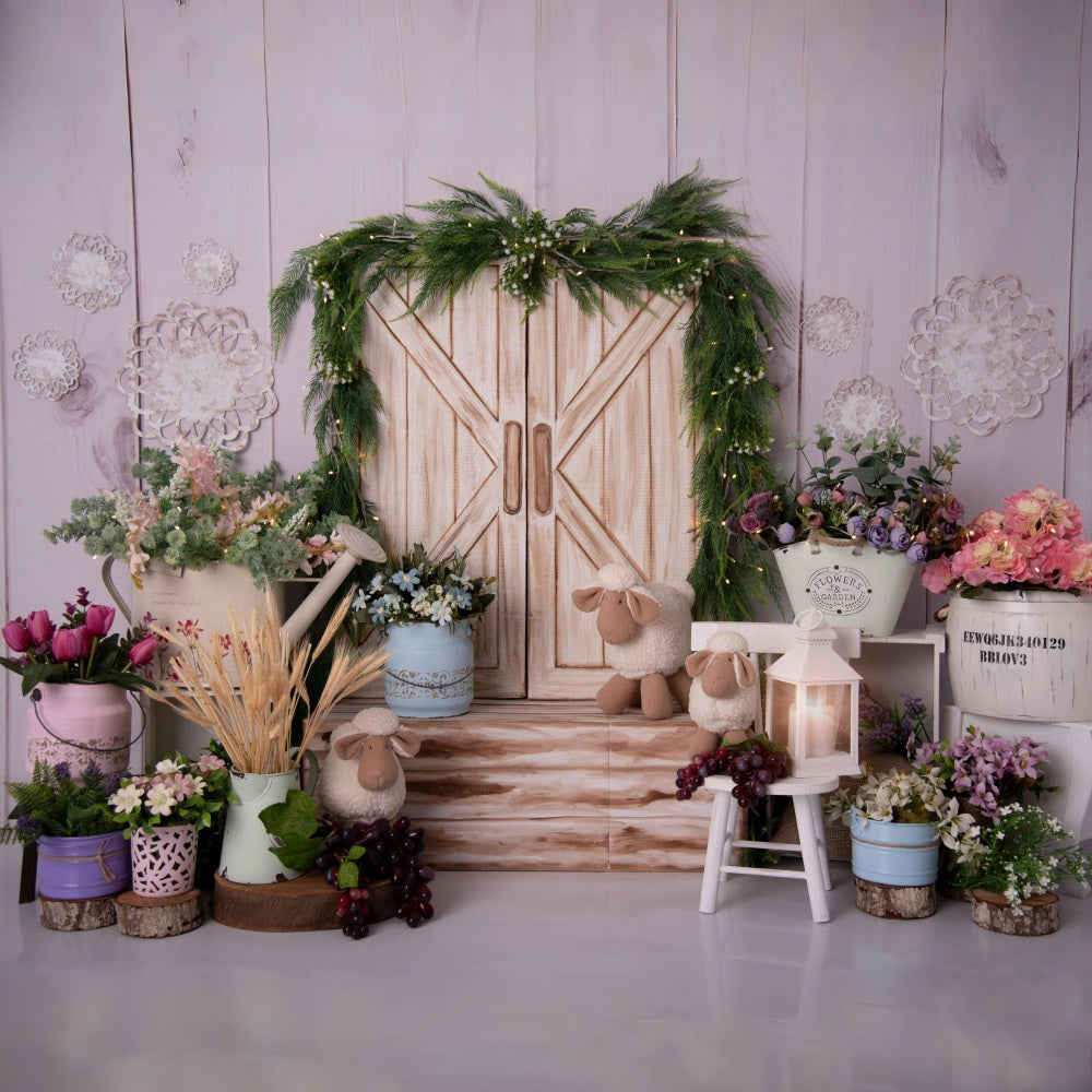 Spring White Plank Wood Door Flower Greenery Backdrop RR3-21