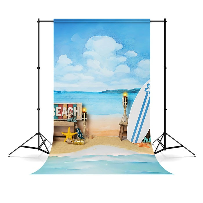 Summer Sea Beach Blue Sky White Clouds Surfing Theme Backdrop RR3-29