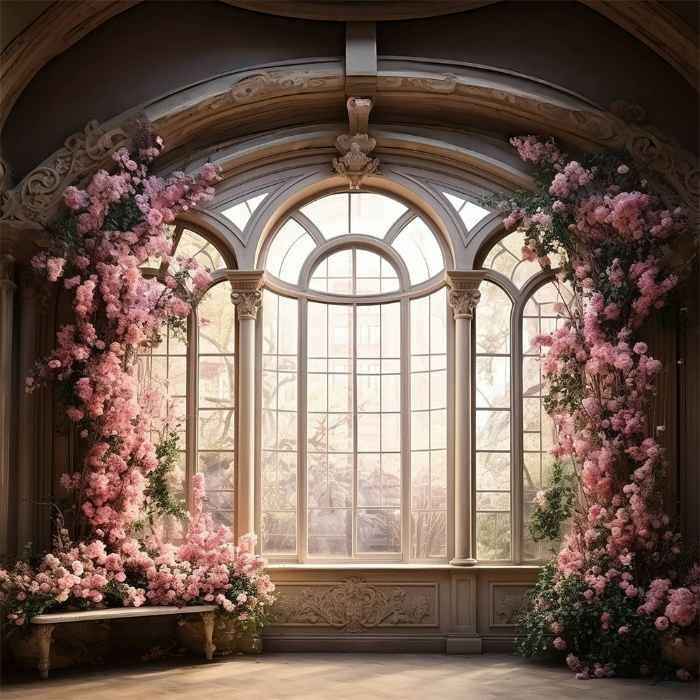 DBackdrop Pink Flowers Vintage Floor Window Cozy Scene Backdrop RR3-33