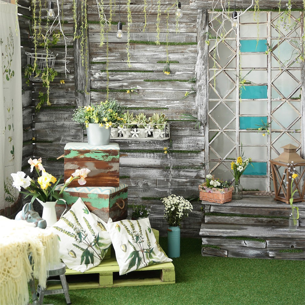 DBackdrop Spring Greenery Potted Plant Flower Wooden Paneled Wall Backdrop RR3-39