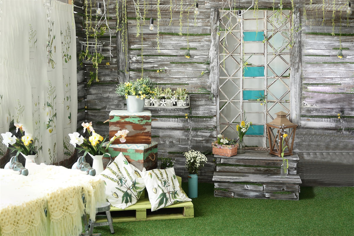 DBackdrop Spring Greenery Potted Plant Flower Wooden Paneled Wall Backdrop RR3-39