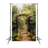 DBackdrop Spring Mystic Grove Wooden Door Trail Flower Backdrop RR3-40