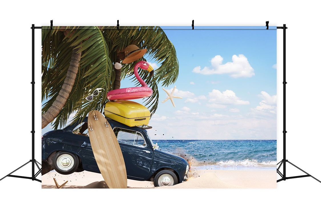 DBackdrop Summer Seaside Beach Coconut Tree Car Flamingo Swimming Ring Backdrop RR3-41