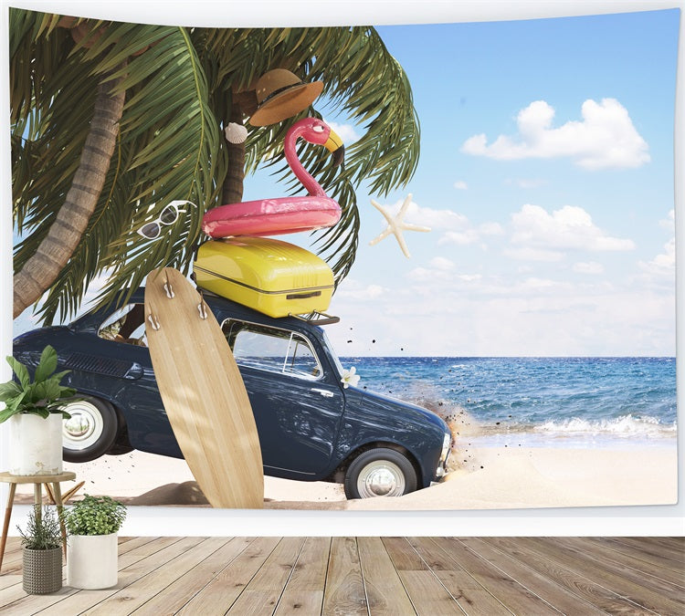 DBackdrop Summer Seaside Beach Coconut Tree Car Flamingo Swimming Ring Backdrop RR3-41