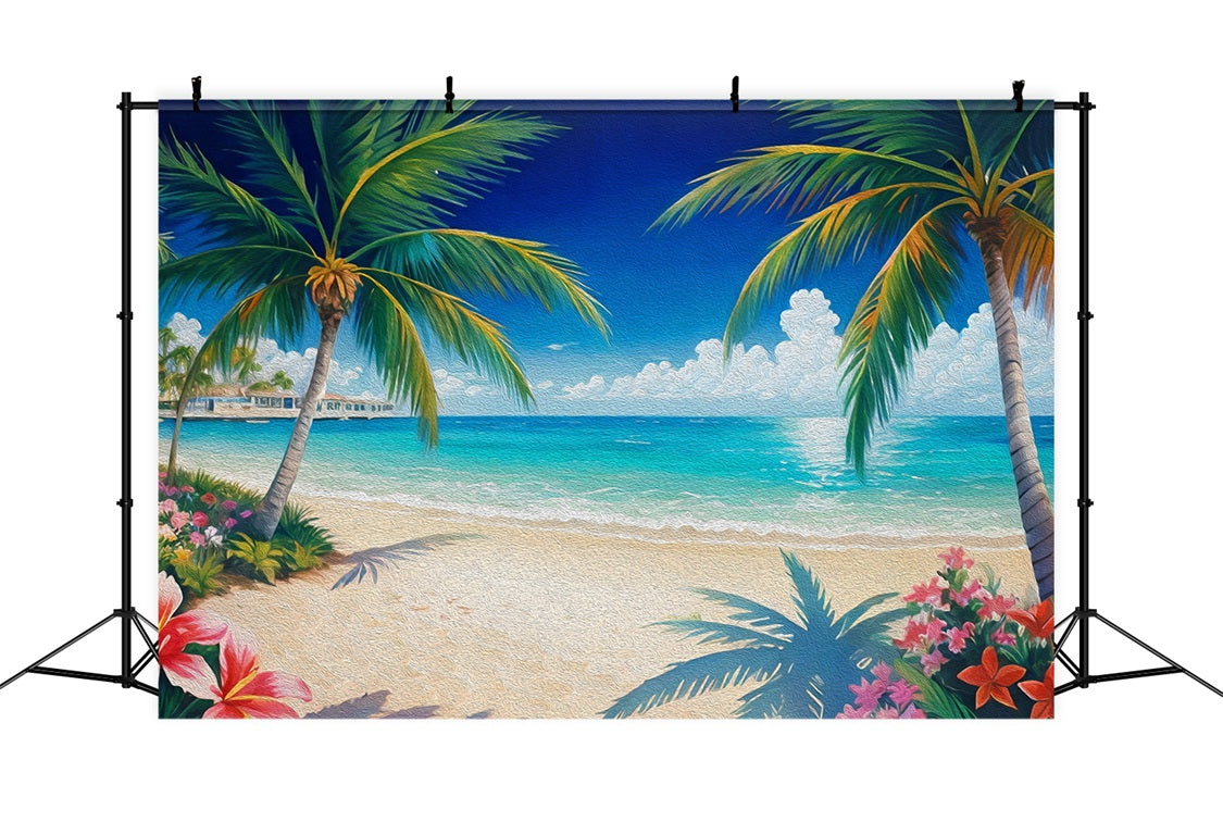 DBackdrop Summer Oil Painting Style Coconut Tree Flower Blue Sea Backdrop RR3-44