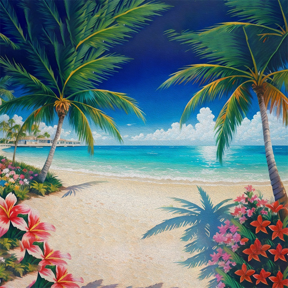 DBackdrop Summer Oil Painting Style Coconut Tree Flower Blue Sea Backdrop RR3-44