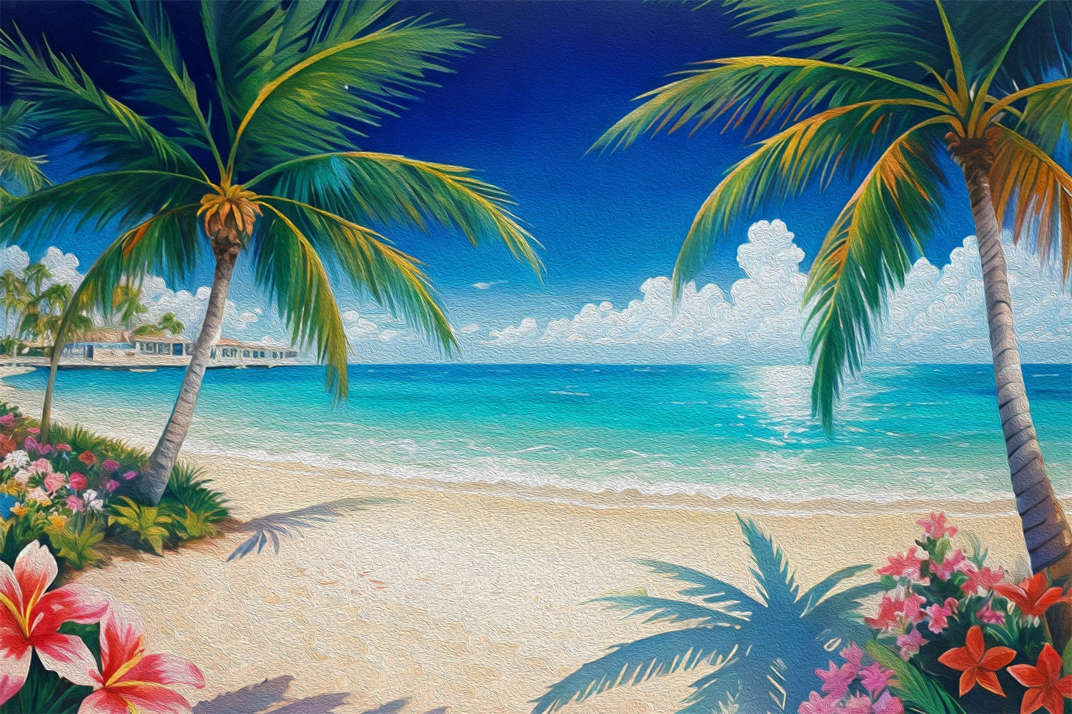 DBackdrop Summer Oil Painting Style Coconut Tree Flower Blue Sea Backdrop RR3-44