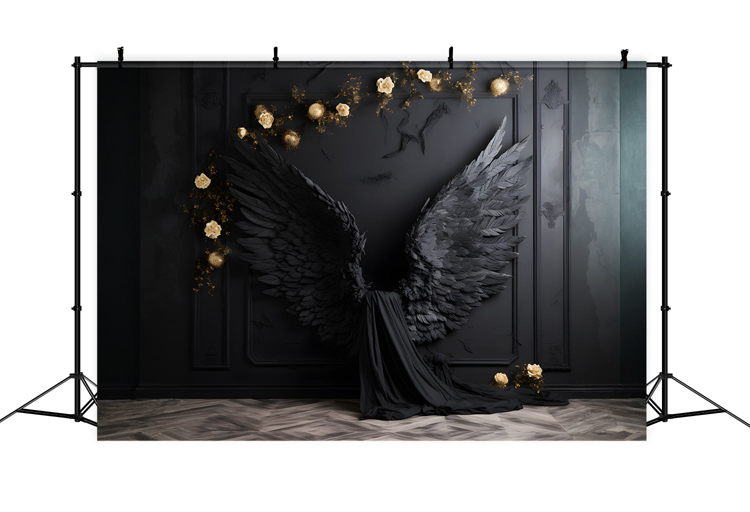 DBackdrop Black Classic Wall Angel Black Wings Champagne Rose Backdrop RR4-13