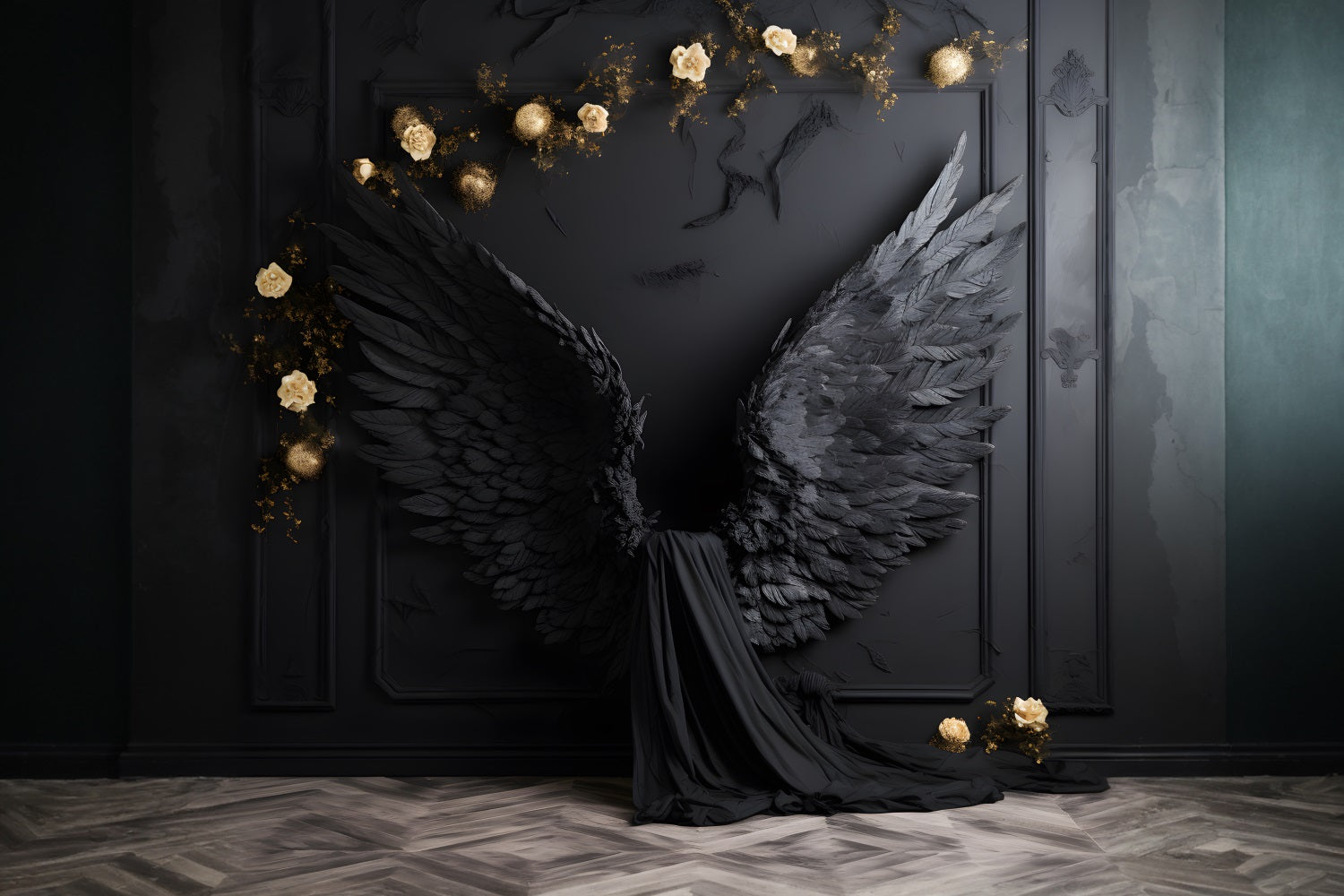 DBackdrop Black Classic Wall Angel Black Wings Champagne Rose Backdrop RR4-13