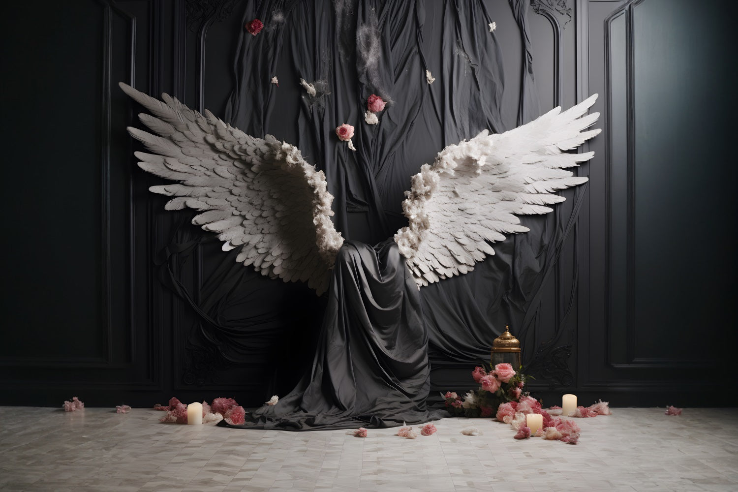 DBackdrop Black Classic Wall Angel White Wings Pink Rose Backdrop RR4-14