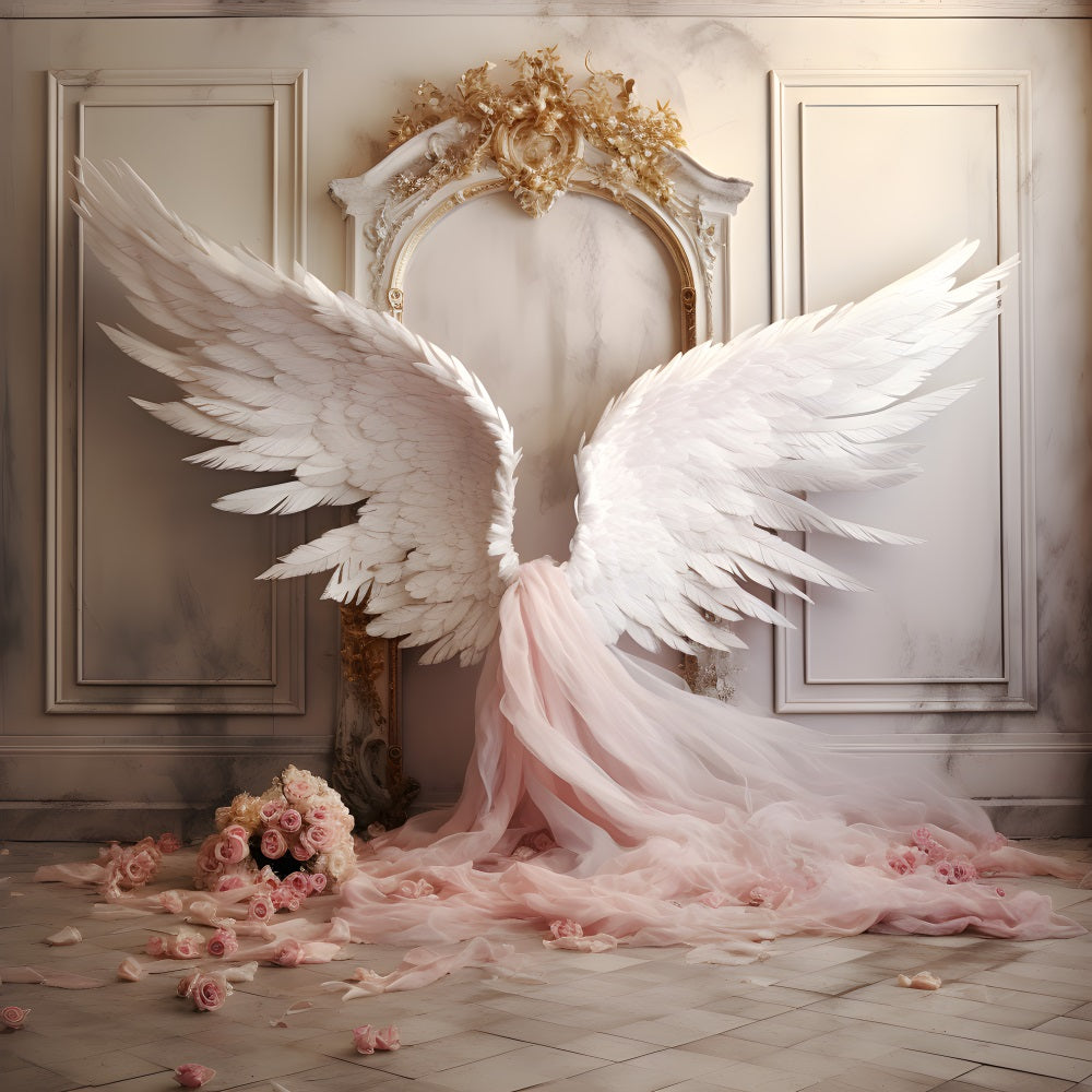 DBackdrop Vintage Wall Pink Elegant Angel Wings Tulle Rose Backdrop RR4-19