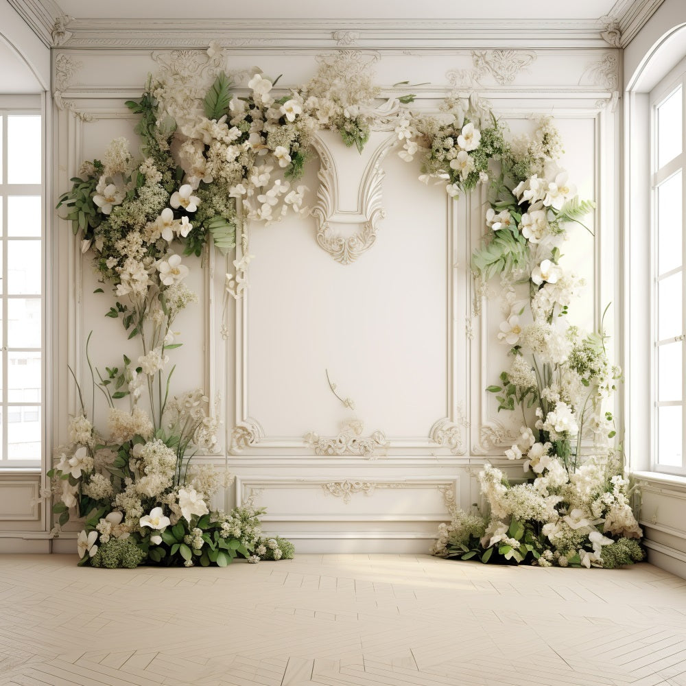 DBackdrop White Vintage Wall Fresh Floral Arch Backdrop RR4-24