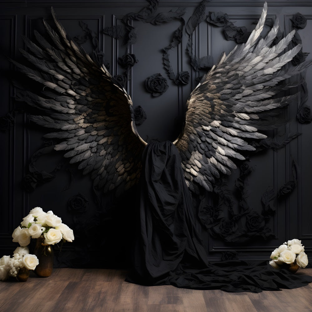 DBackdrop Black Vintage Wall Black Winged Rose Backdrop RR4-31